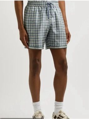 Authentic AMIRI MA Quad Monogram Silk Shorts – Dusty Blue/Ecru Size XL New